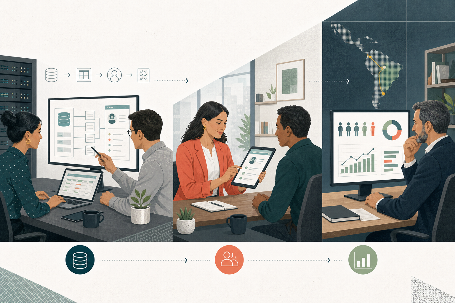 Equipe implantando CRM em etapas, dos dados do ERP ao uso comercial e à gestão