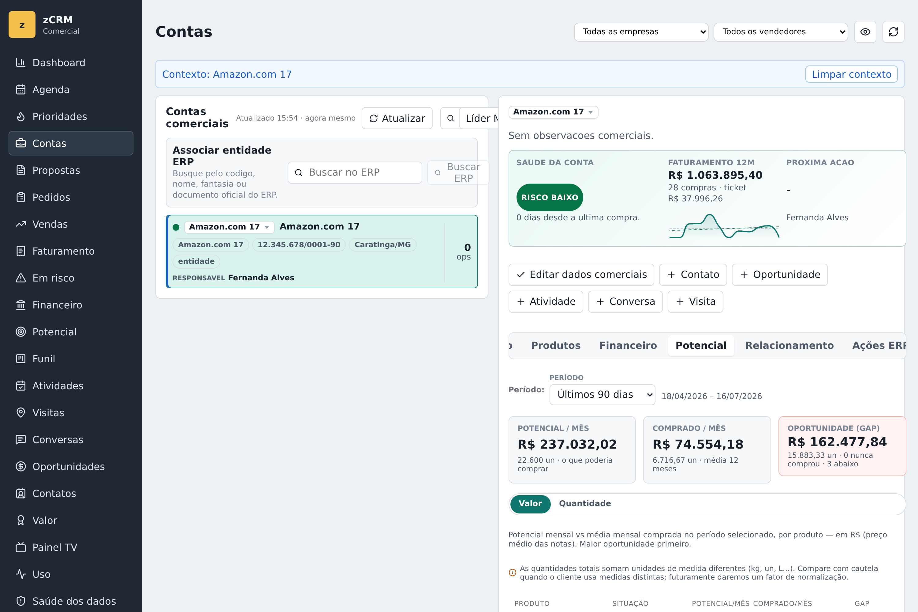 Tela Conta 360 do zCRM com saúde da conta, faturamento, potencial e próximas ações comerciais