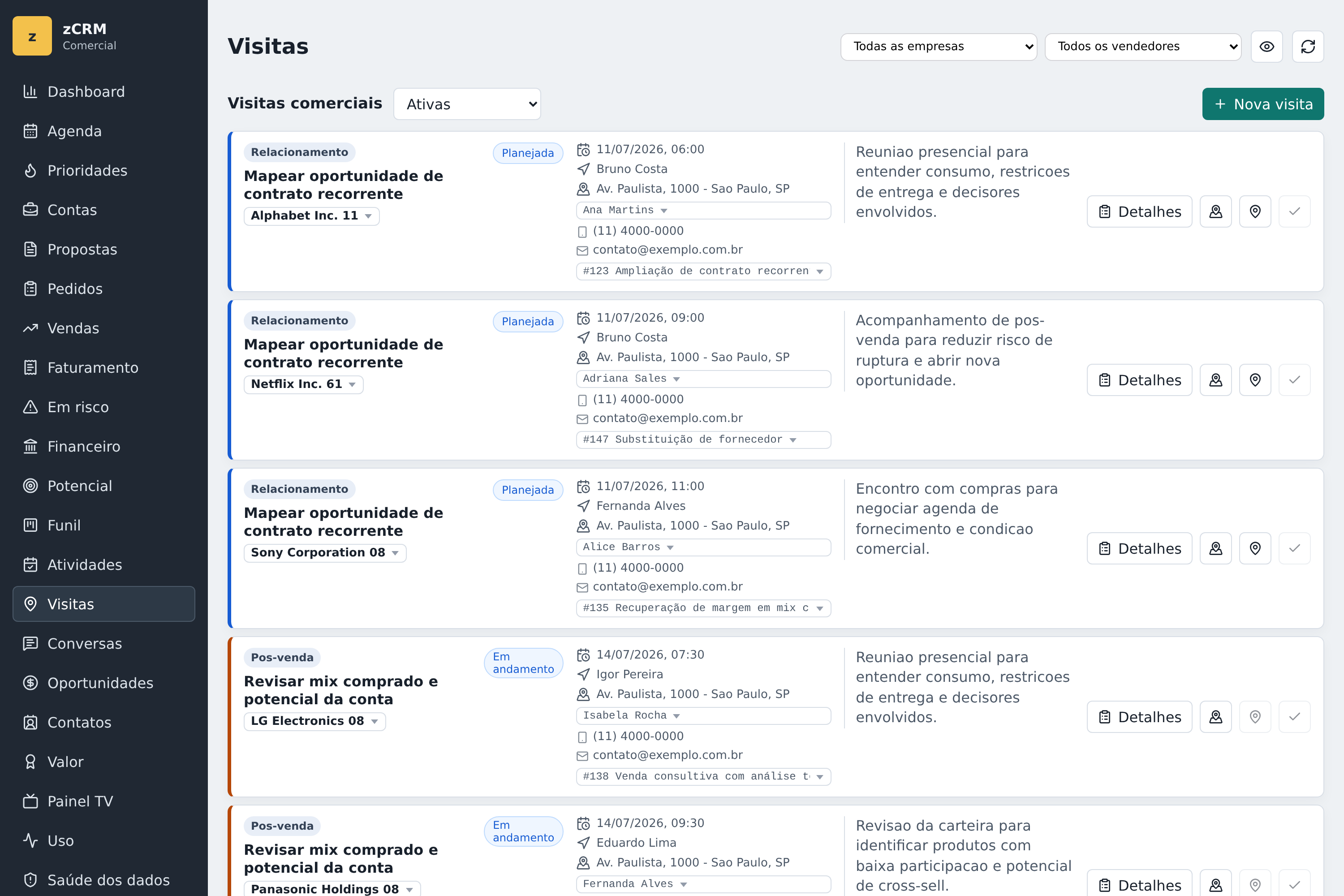 Tela real do zCRM relacionada a Visita comercial: como transformar deslocamento em histórico e próxima ação