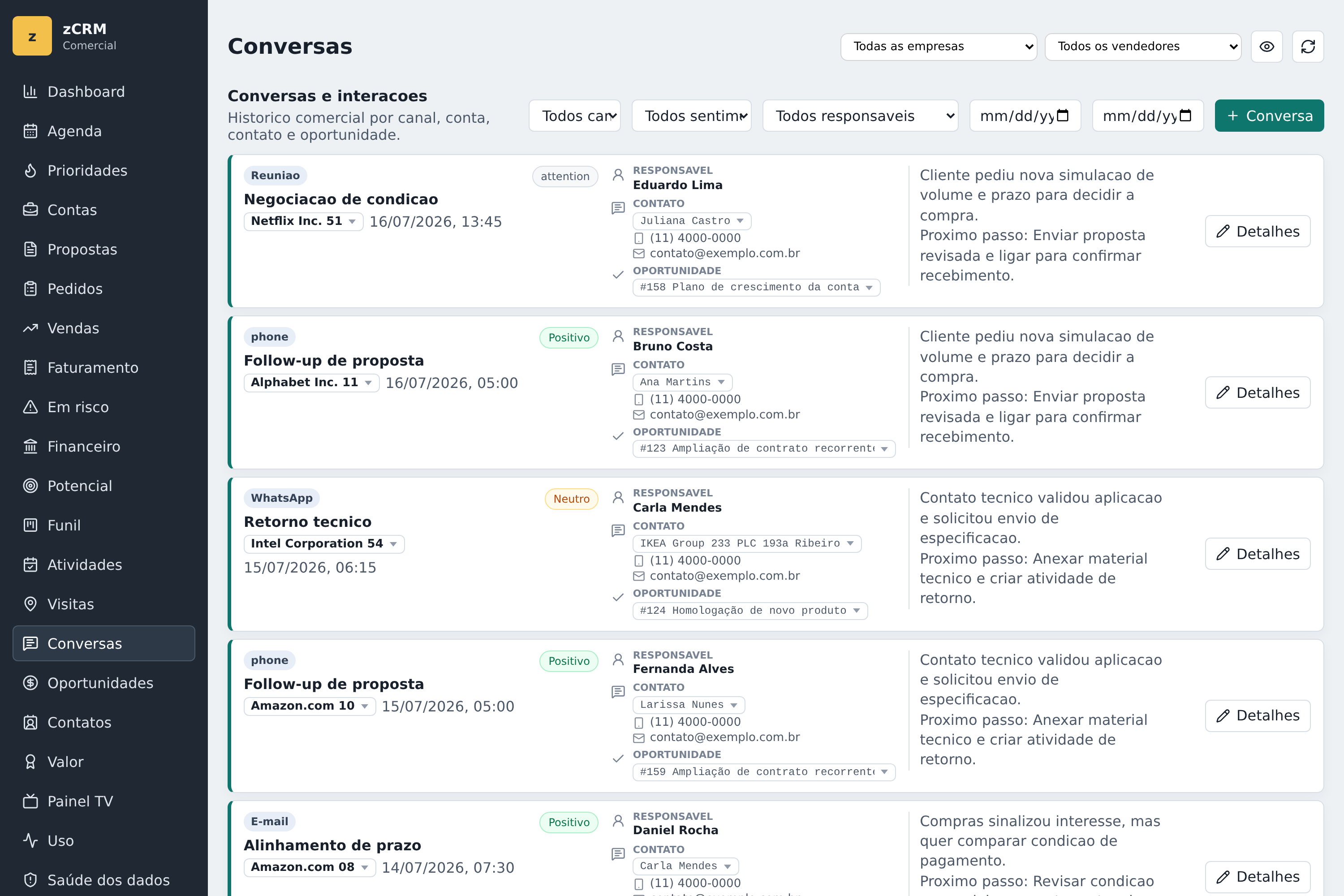 Tela real do zCRM relacionada a Conversas no CRM: o que registrar sem transformar o vendedor em digitador