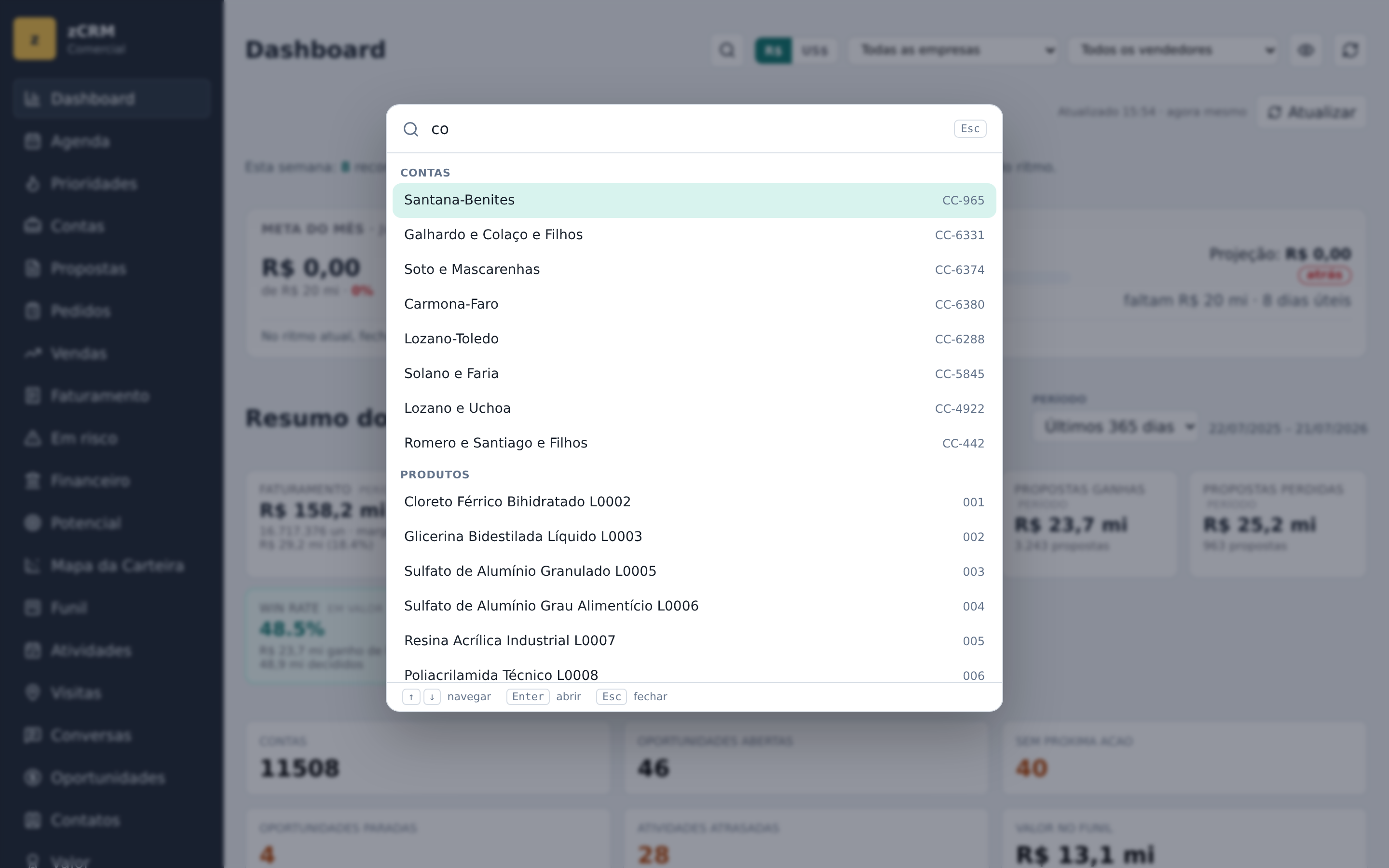 Paleta de comandos do zCRM — busca instantânea de contas, produtos, telas e ações, com Ctrl+K